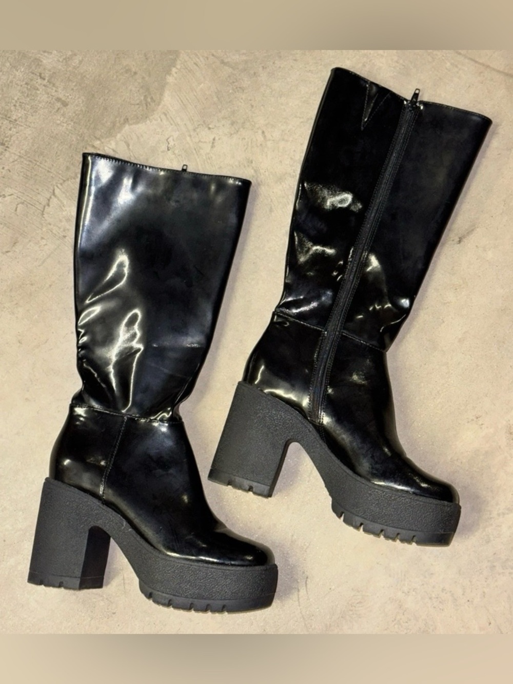 Bamboo Y2K Black Shiny Patent Faux Leather Platform Boots Chunky Party Club 9